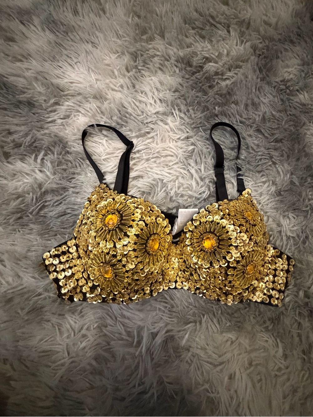 Gold Sequin Floral Embellished Bra - Women's Intimates